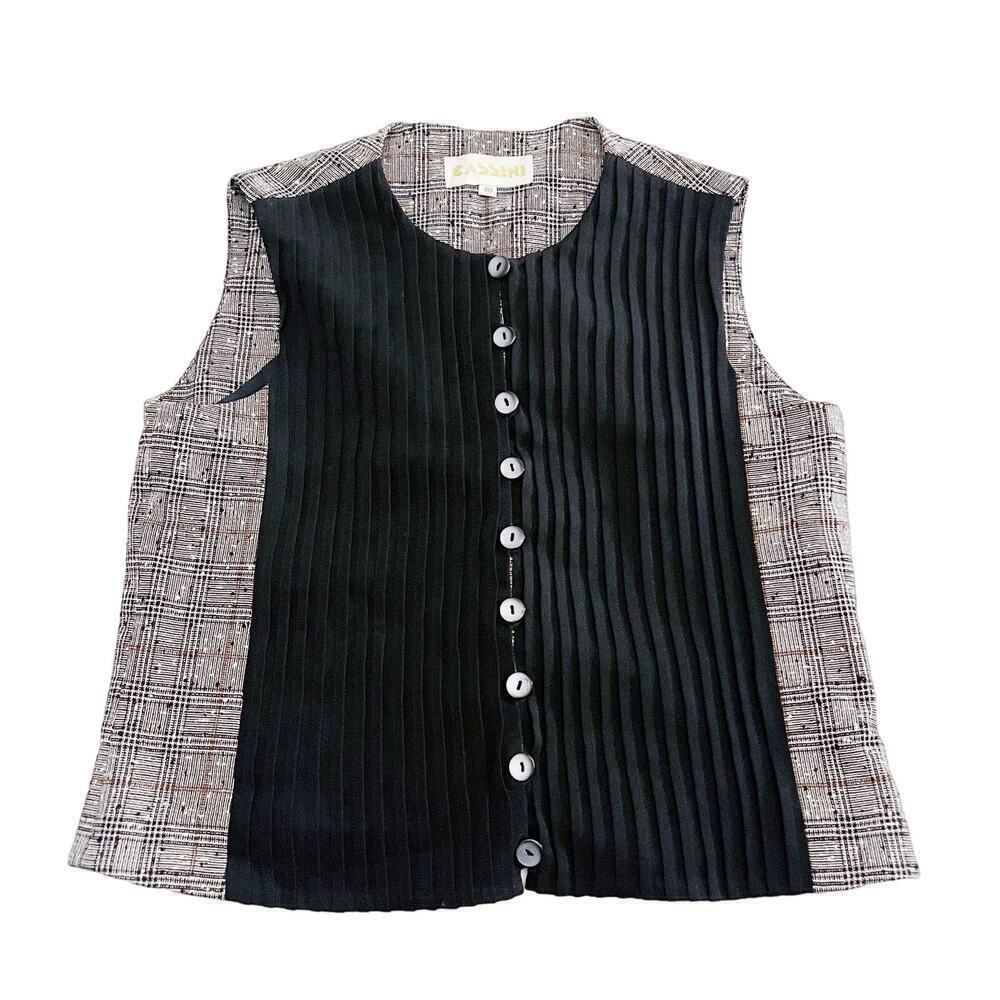 Cassini Pleated Front Tweed Sleeveless Vest Blazer Black & White SZ40